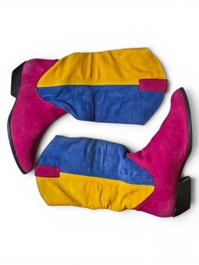Colorblock  Suede Ankle Booties in Pink, Blue & Yellow